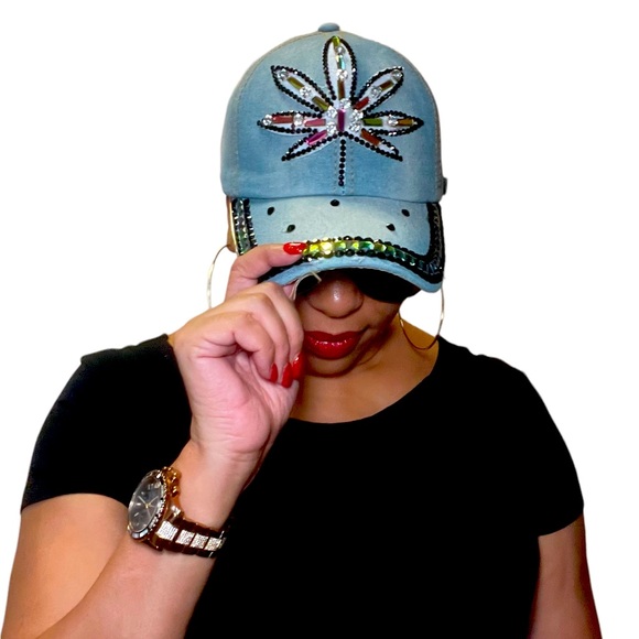 Bejeweled Flower distressed denim hat/adjustable denim cap - Picture 1 of 1